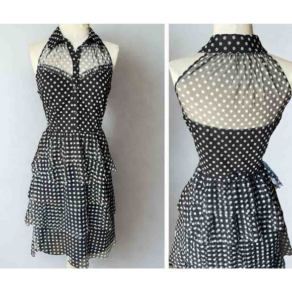 Cynthia Steffe Mesh Ruffle Dress 6 Coquette Retro Pinup Doll Polka Dot 50s Vibe - Picture 1 of 7